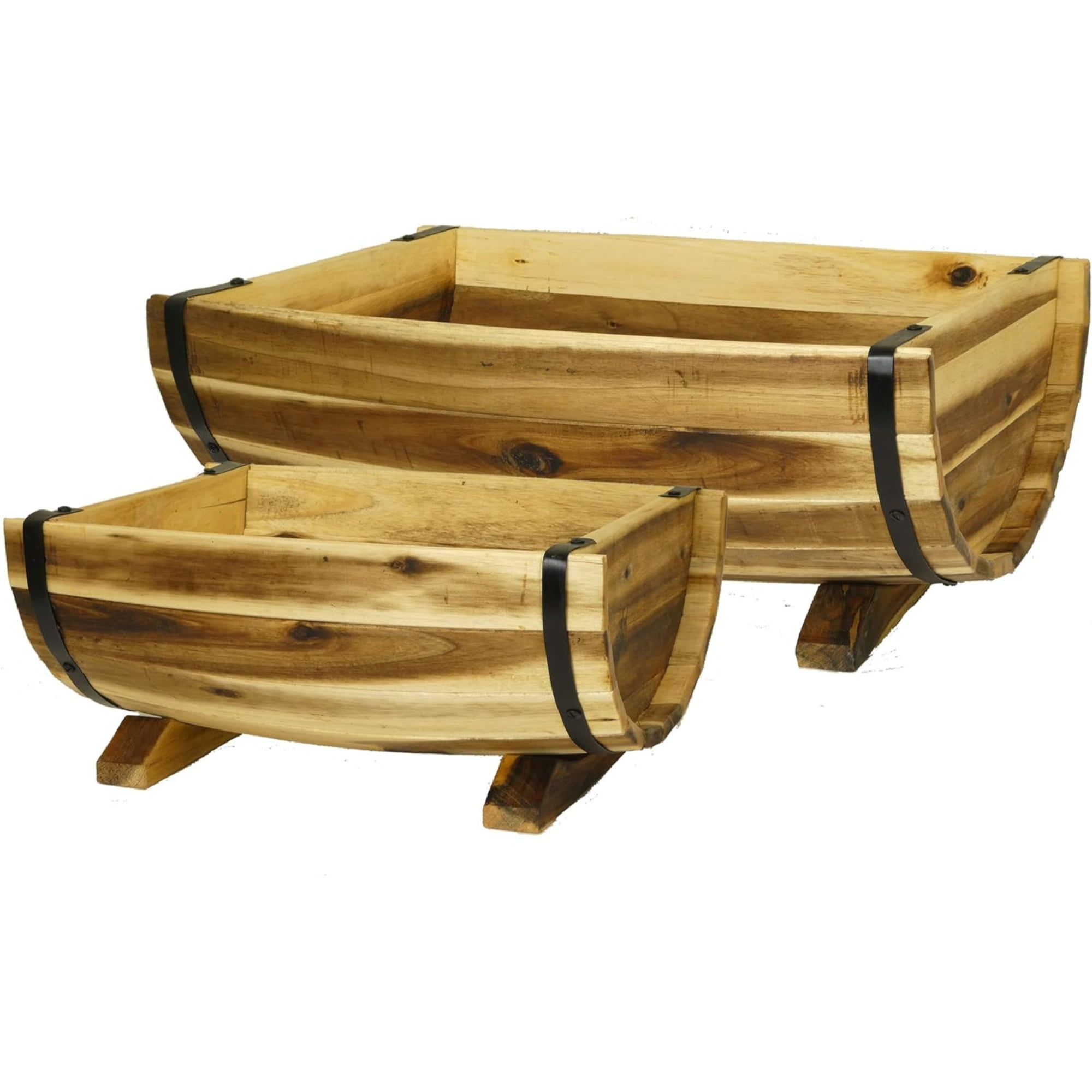 Rustic Acacia Wood Half-Barrel Planters with Metal Bands, Set of 2