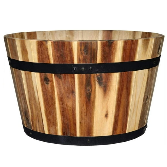 Classic Home and Garden Acacia Wood Whiskey Barrel Planter with Black Metal Band, 15.75in D x 9.5in H