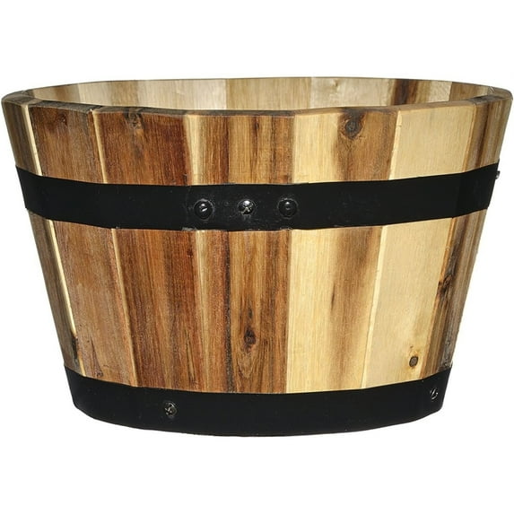 Classic Home 13'' x 8.25'' Round Acacia Wood Whiskey Barrel Planters with Black Metal Band