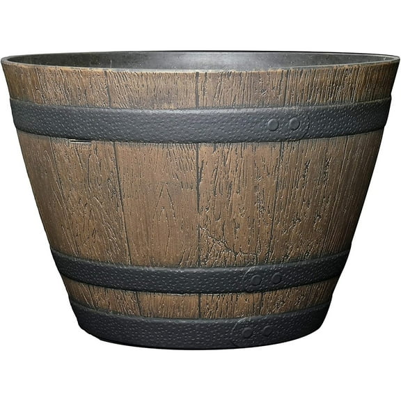 Classic Home and Garden Outdoor Round Whiskey Resin Flower Pot Barrel Planter, Kentucky Walnut Brown, 20.5"