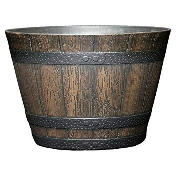 Classic Home and Garden Outdoor Round Whiskey Resin Flower Pot Barrel Planter, Kentucky Walnut Brown, 9"