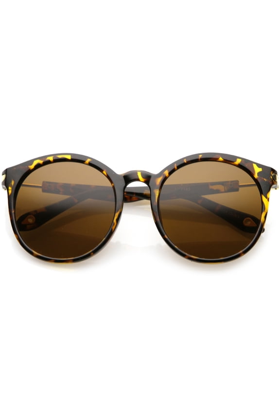 Classic Horn Rimmed Round Sunglasses Metal Arm Detail Neutral Colored Lens 53mm (Tortoise Gold / Brown)