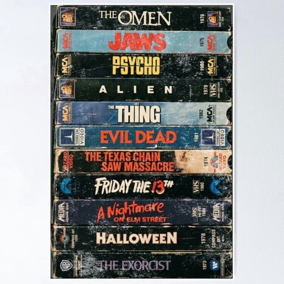 Classic Horror Cinema VHS Tapes Stack Nostalgic Movie Wall Decor, Unframed Poster
