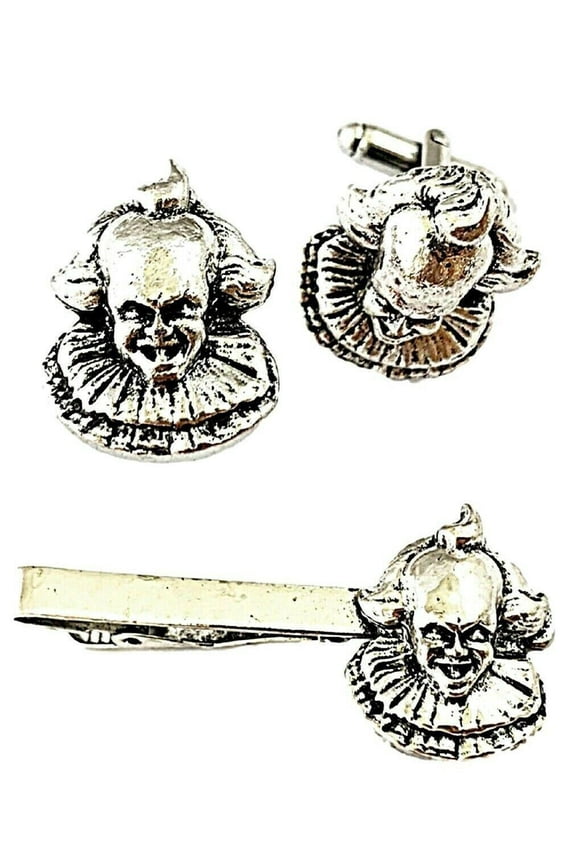 Classic Horror Movie It Pennywise Face Enamel Metal Cufflinks and Tie Clip Set