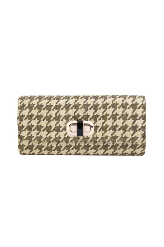 Classic Houndstooth Turnlock Flap Straw Clutch Bag Handbag