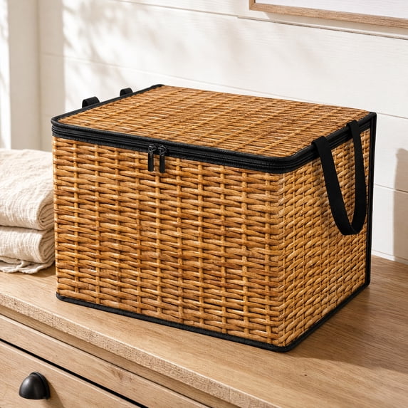 Classic Imitation Woven Storage Box with Lid - 14 Inch Foldable Large Capacity Non-Woven Organizer with Handles for Clothing Toys Home Use