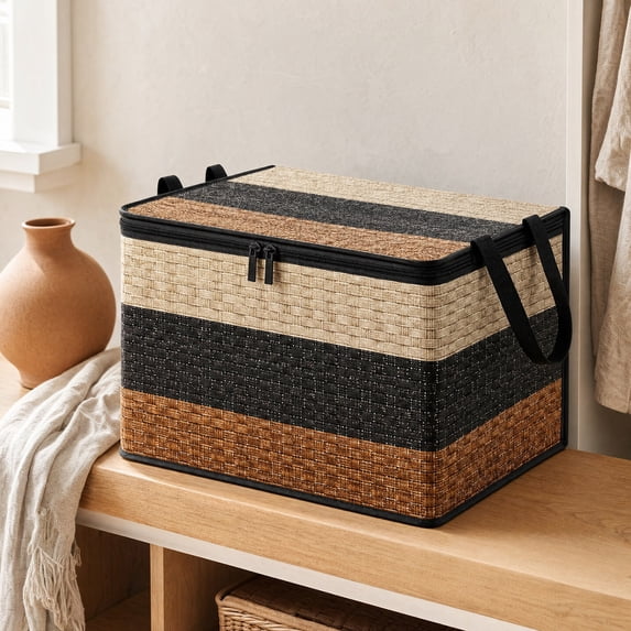 Classic Imitation Woven Storage Box with Lid - 14 Inch Foldable Large Capacity Non-Woven Organizer with Handles for Clothing Toys Home Use