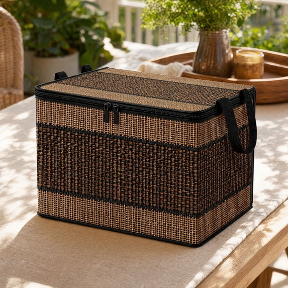 Classic Imitation Woven Storage Box with Lid - 14 Inch Foldable Large Capacity Non-Woven Organizer with Handles for Clothing Toys Home Use