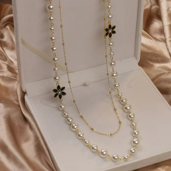 Multilayer White Imitation Pearl Long Sweater Chain Necklace Elegant Women Fashion Jewelry Accessory