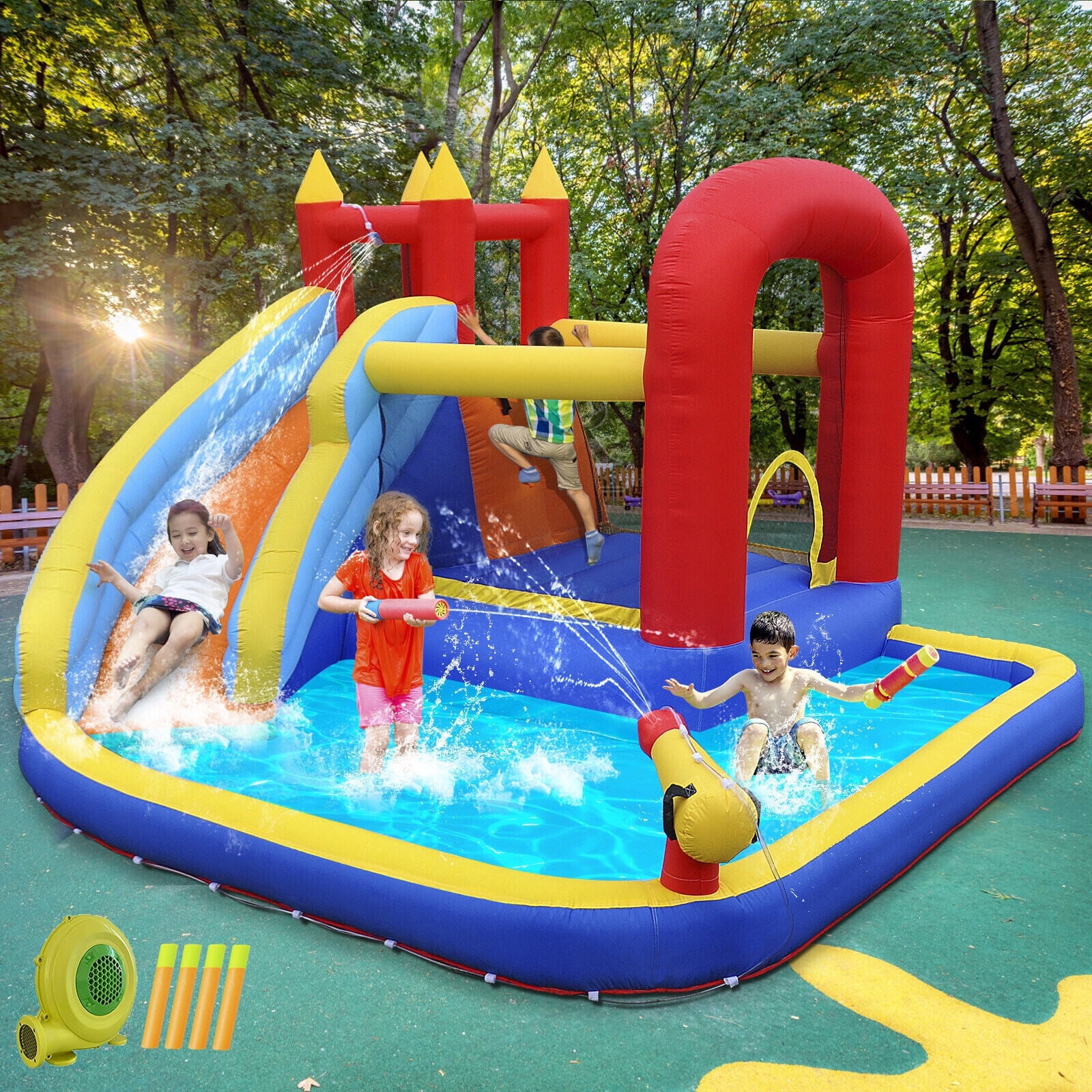 Classic Inflatable Water Slide Bouncer House Jumping Castle Playhouse with Splash Pool,Climbing Wall,Trampoline,Basketball Hoop,Air Blower,Backyard Outdoor Playground Fun