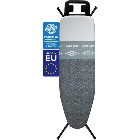 Classic Ironing Board with New Patent Technology | Made in Europe Iron Board with Patent Fast-Glide Zone, 4 Layer Cover & Pad, Height Adjustable, Safety Iron Rest, 4 Premium Steel Legs