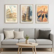 Classic Italy Art Prints Set of 3 | Rome Pisa Venice Watercolor Posters, Poster Only