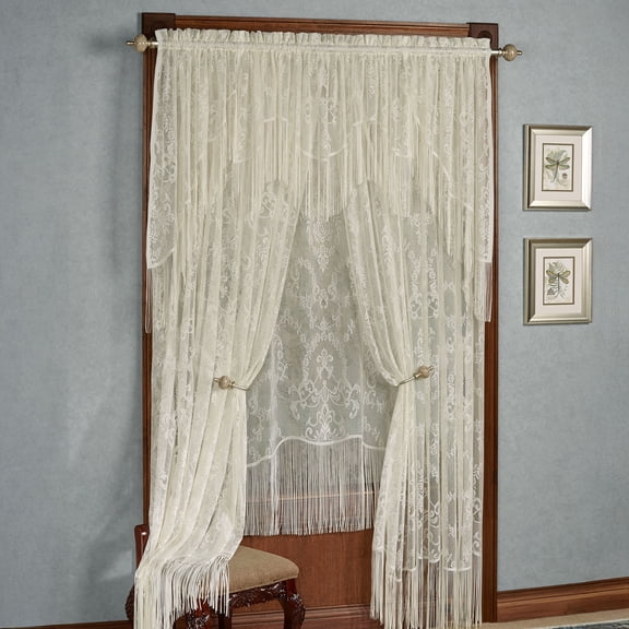Classic Ivory Fringed Window Set: Valance, 38L Swag Pair, 1-63L Panel, & 2-84L Curtains