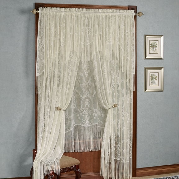 Classic Ivory Fringed Window Set: Valance, 38L Swag Pair, 1-63L Panel, & 2-95L Curtains