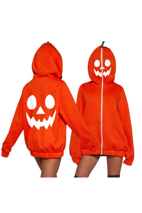 Classic Jack O Lantern Print Jacket, Classic Jack O Lantern Face Printed Pumpkin Hooded Zip Jacket, Oversized Mid Length Halloween Sweatshirt With 3D Stem Hood,Pumpkin Face Graphic Outerwear, Green S
