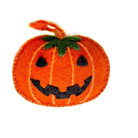 Classic Jack-o-lantern Pumpkin Halloween Ornament - Fair Trade Embroidered Wool Holiday Decor Handmade in Peru
