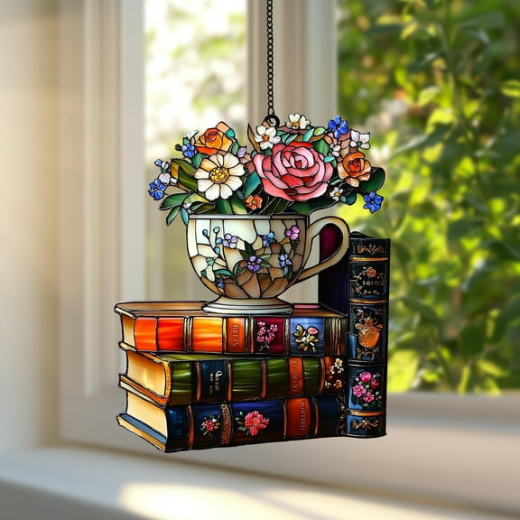 Classic Jane Austen Book Faux Stained Glass Suncatcher, Acrylic Flower Bookstack Window Decor, Victorian Reading Nook Gift for Book Lovers