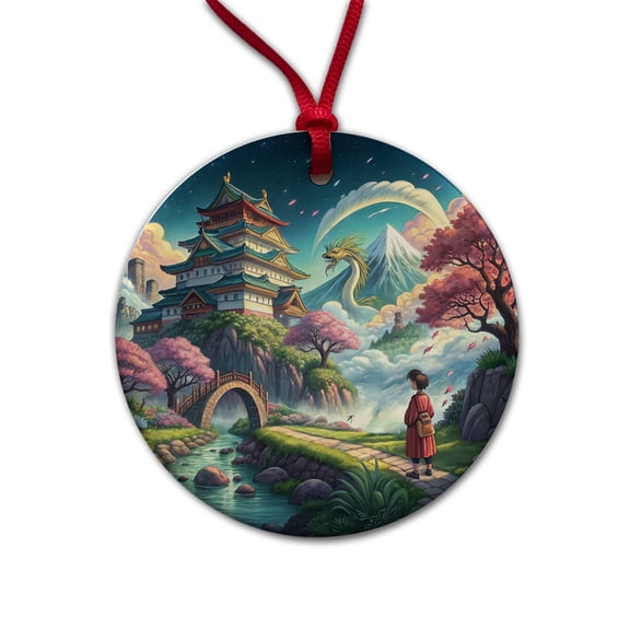 Classic Japanese Anime Style Fantasy World Christmas Tree Holiday Round Ceramic Ornament