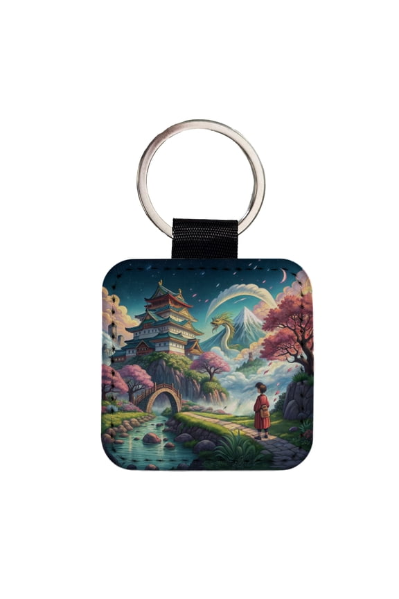 Classic Japanese Anime Style Fantasy World Faux Leather Square Keychain