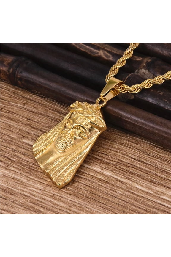 Classic Jesus Old Man Head Face Pendant Religious 14K Yellow Gold Christian Thorns Jesus Head Charms Necklace Jewelry