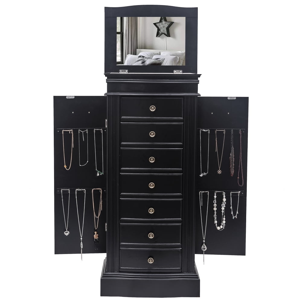 Classic Jewelry Armoire With Mirror 7 Drawers & 24 Necklace Hooks 2 Side Swing Doors Black