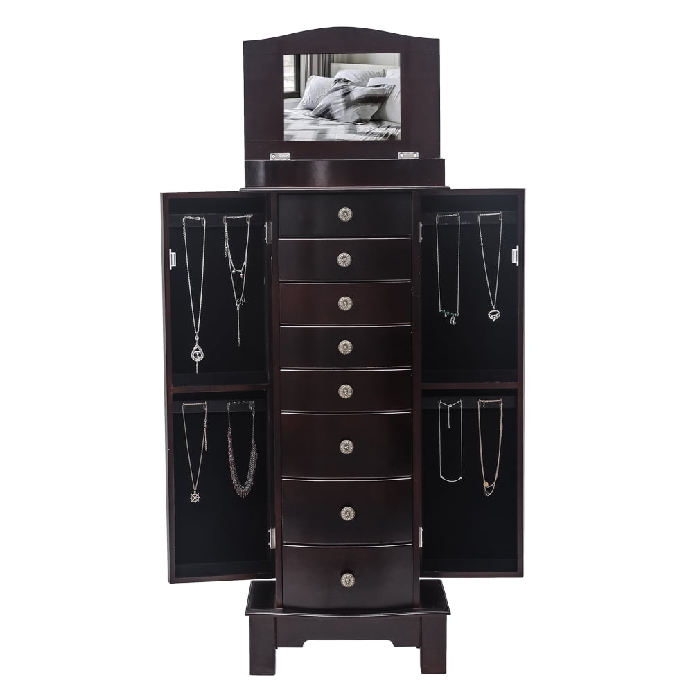 Classic Jewelry Armoire With Mirror 8 Drawers & 16 Necklace Hooks 2 Side Swing Doors Brown