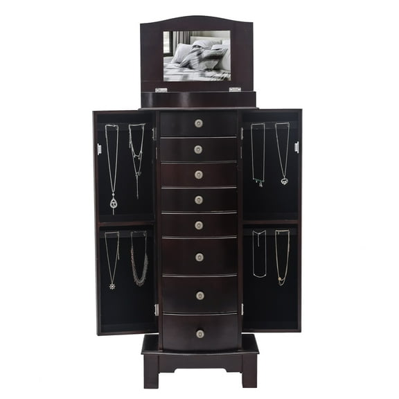 Classic Jewelry Armoire With Mirror 8 Drawers & 16 Necklace Hooks 2 Side Swing Doors Brown