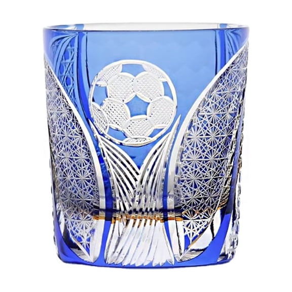 Classic Kiriko Style Hand-Carved 250ml 8.5oz Blue Football Whiskey Glass Custom Color Spirit Cocktail Tumbler for Bar Home Decor in Stock