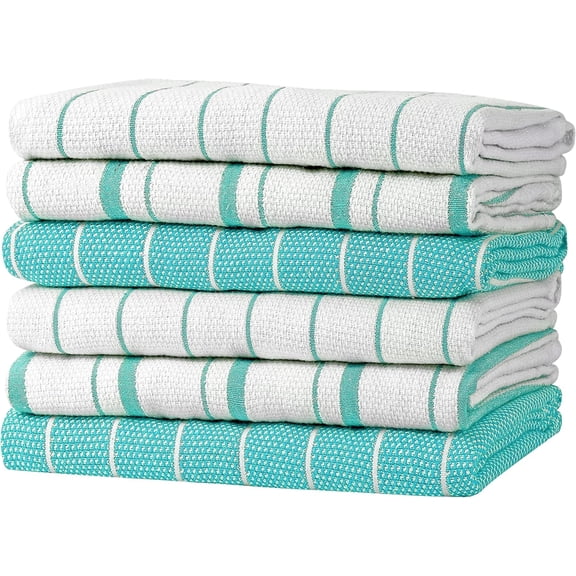 Classic Kitchen Towels - 6 Pack 100% Natural Cotton Towel Set, Reusable Wash Cloths, Absorbent Dish Towels, Machine Washable Hand Towels, Kitchen Essentials, 20" x 28" - Aqua Base