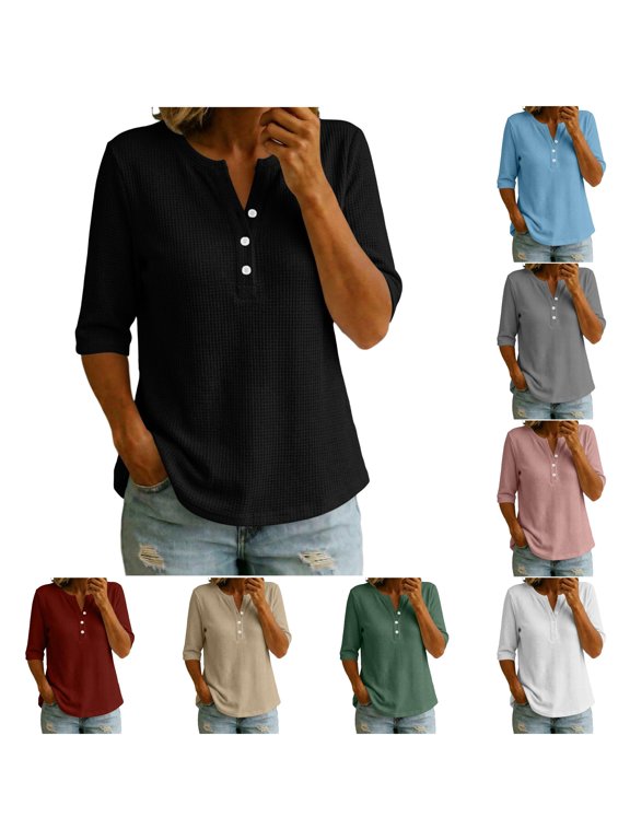 Classic Knit Casual Button Down Top for Everyday and Resort Wear Featuring Solid Knit and Three Quarter Sleeve Blouse