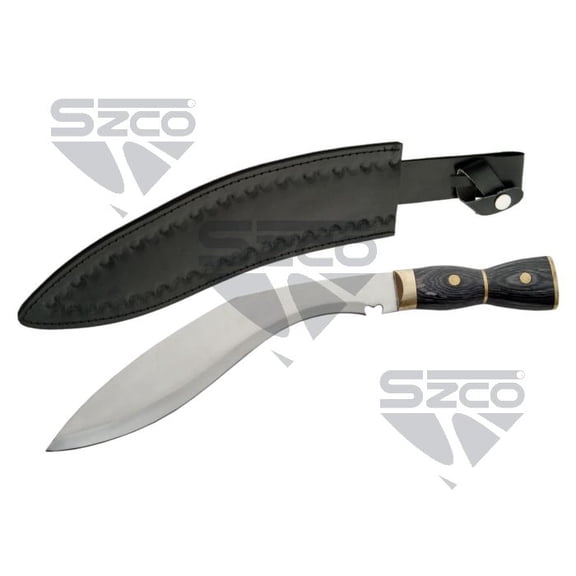 SZCO 15" Stainless Steel Kukri Knife with Black Wood Handle & Black Leather Sheath Outdoor Tool
