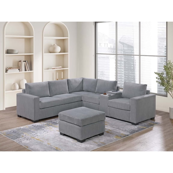 Classic L-Shaped Design Reversible Sectional Set w Ottoman Plush Cushion Back Console Loveseat Wedge Light Gray Corduroy