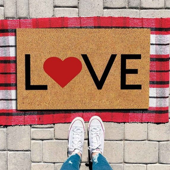 Classic LOVE Heart Door Mat, Red Heart Symbol Lettering, 24x16 Inch, Simple Modern Valentine's Day Entrance Rug, Romantic Couple Gift, Non-Slip Low Profile Welcome Mat for Home