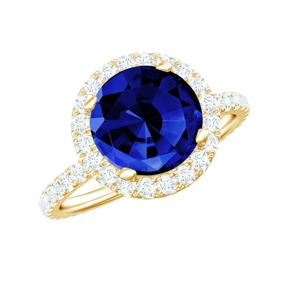 Rosec Jewels Classic Lab Blue Sapphire Engagement Halo Ring with Moissanite (AAAA Quality), 14K Yellow Gold, US 5.50
