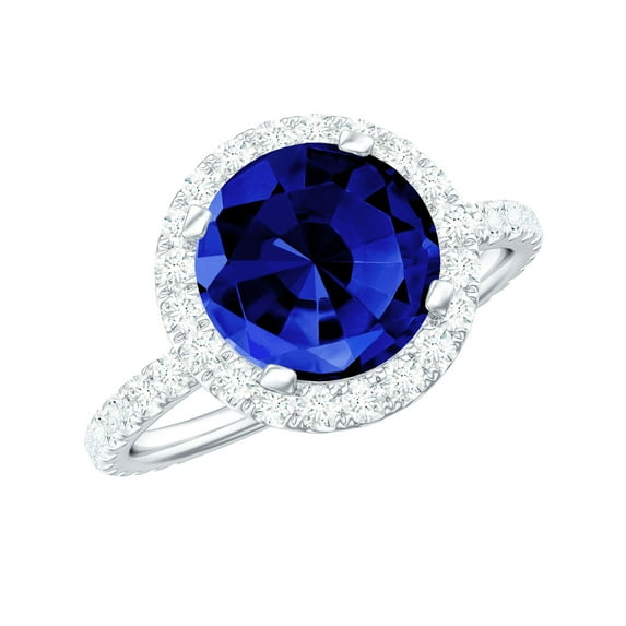 Rosec Jewels Classic Lab Blue Sapphire Engagement Halo Ring with Moissanite (AAAA Quality), 925 Sterling Silver, US 4.00