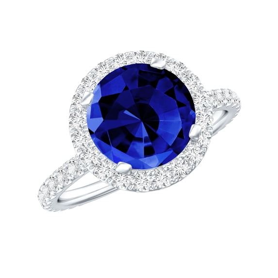 Rosec Jewels Classic Lab Blue Sapphire Engagement Halo Ring with Moissanite (AAAA Quality), 925 Sterling Silver, US 7.00