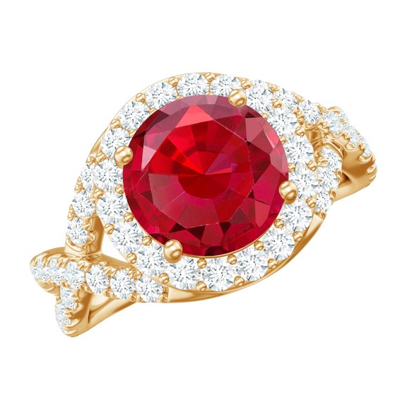 Rosec Jewels Classic Lab Created Ruby Crossover Ring for Women with Moissanite Halo (AAAA Grade), 10K Yellow Gold, US 11.00