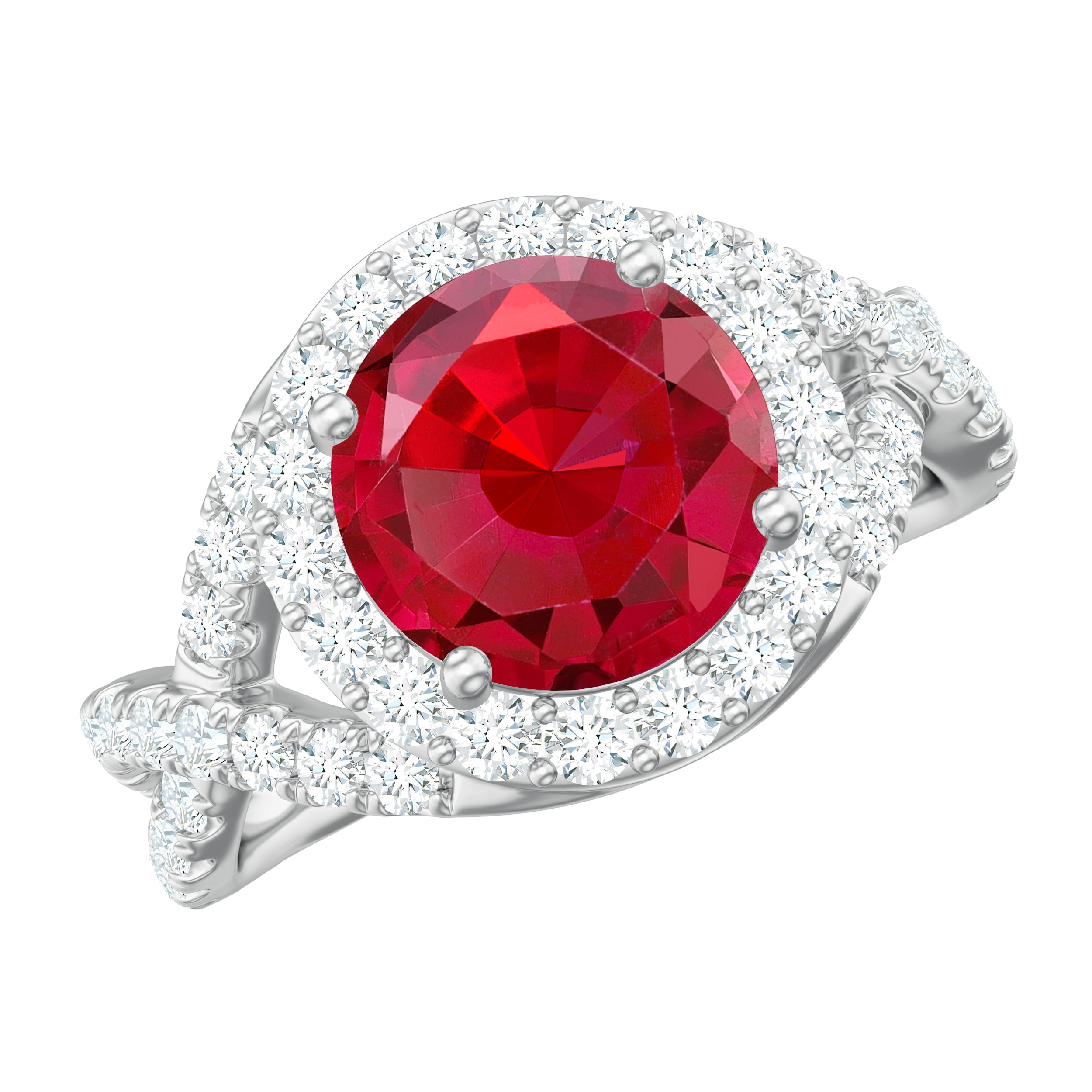 Classic Lab Created Ruby Crossover Ring for Women with Moissanite Halo