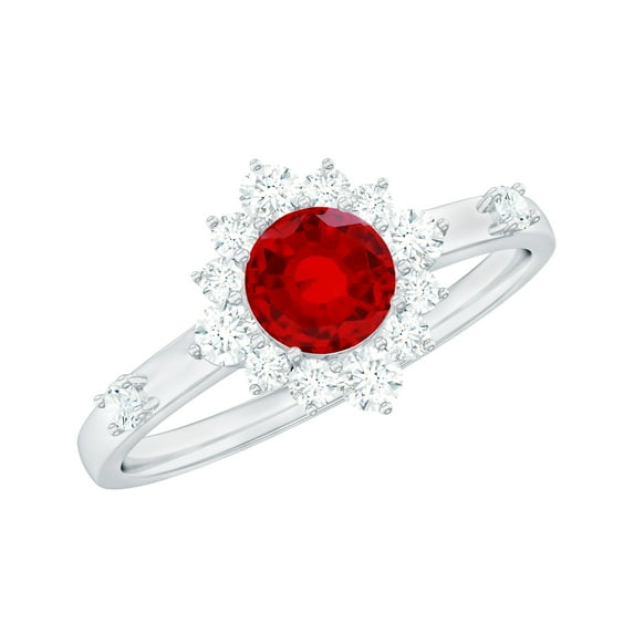 Rosec Jewels Classic Lab Grown Ruby Engagement Ring with Halo (AAAA Quality Certified) Ruby Diamond Ring - With Jewelry Box, 925 Sterling Silver, US 4.00
