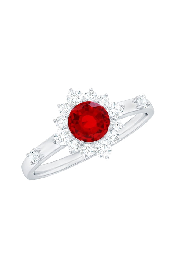 Classic Lab Grown Ruby Engagement Ring with Halo (AAAA Quality Certified) Ruby Diamond Ring - With Jewelry Box, 925 Sterling Silver, US 4.00