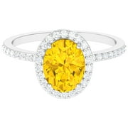 ROSEC JEWELS Classic Lab Created Yellow Sapphire Ring with Diamond Halo (AAAA Quality), 925 Sterling Silver, US 4.00
