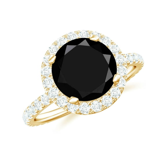 Classic Lab Grown Black Diamond Ring with Diamond Halo for Women (8 mm), 14K Yellow Gold, US 10.00