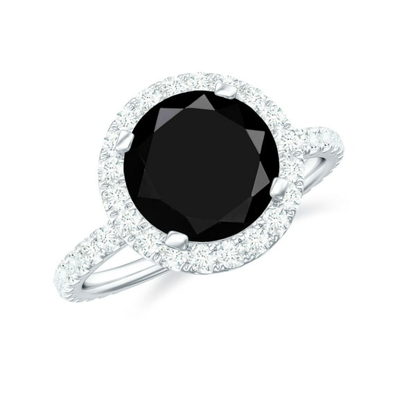 Rosec Jewels Classic Lab Grown Black Diamond Ring with Diamond Halo for Women (8 mm), 925 Sterling Silver, US 4.00
