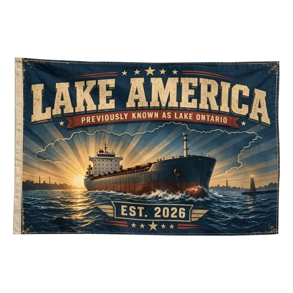 Classic Lake America Once Lake Ontario Featuring A Bold Red White And Blue Flag Design Vintage Map Style With Lake Boundaries Easy To Hang On A Pole Or Wall