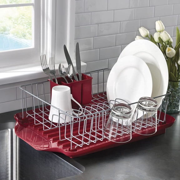 Classic Large Rust Resistant Full Dishrack with Removable 3 Compartment Flatware Caddy, Andlged Drain Board, 3-Piece, Red
