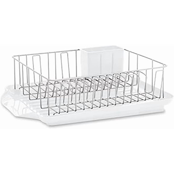 Classic Large Rust Resistant Full Dishrack with Removable 3 Compartment Flatware Caddy, Andlged Drain Board, 3-Piece, White