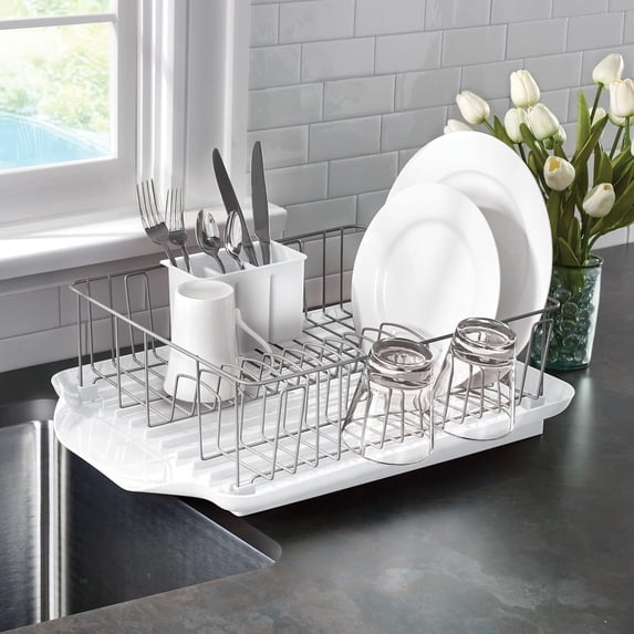 Classic Large Rust Resistant Full Dishrack with Removable 3 Compartment Flatware Caddy, Andlged Drain Board, 3-Piece, White