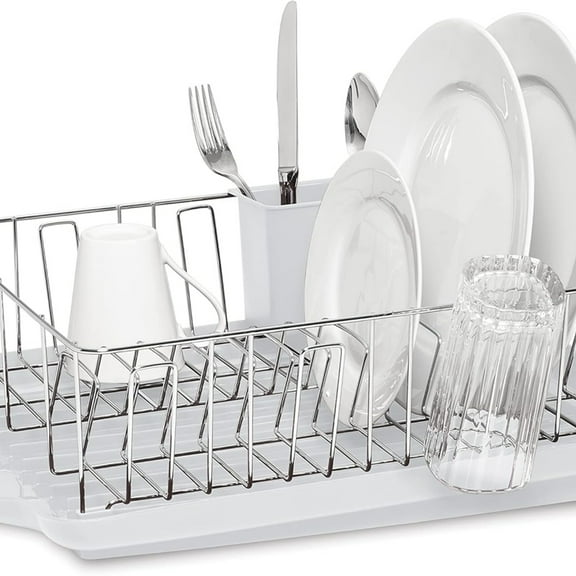 Classic Large Rust Resistant Full Dishrack with Removable 3 Compartment Flatware Caddy, Andlged Drain Board, 3-Piece, White