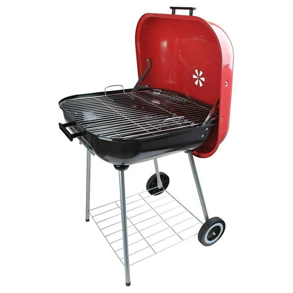 Classic Large Square 22x22" Charcoal Barbecue Grill Portable BBQ Heavy Steel W/Wheels Legs Catcher Red/Black Color
