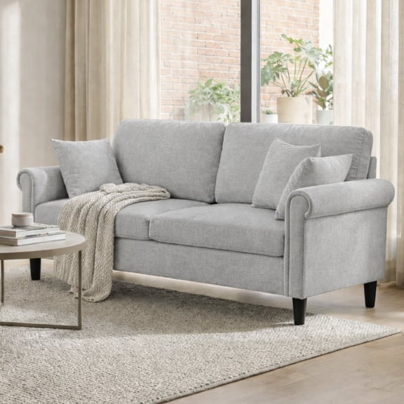 69" Comfy 2 Seat Sofa with 2 Pillows, Small Couch for Living Room, Apartments & Dorms, Modern Linen Couches Sofa, White